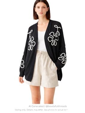 Minimalist Abstract Squiggle Cardigan Black White Artsy Lagenlook XL